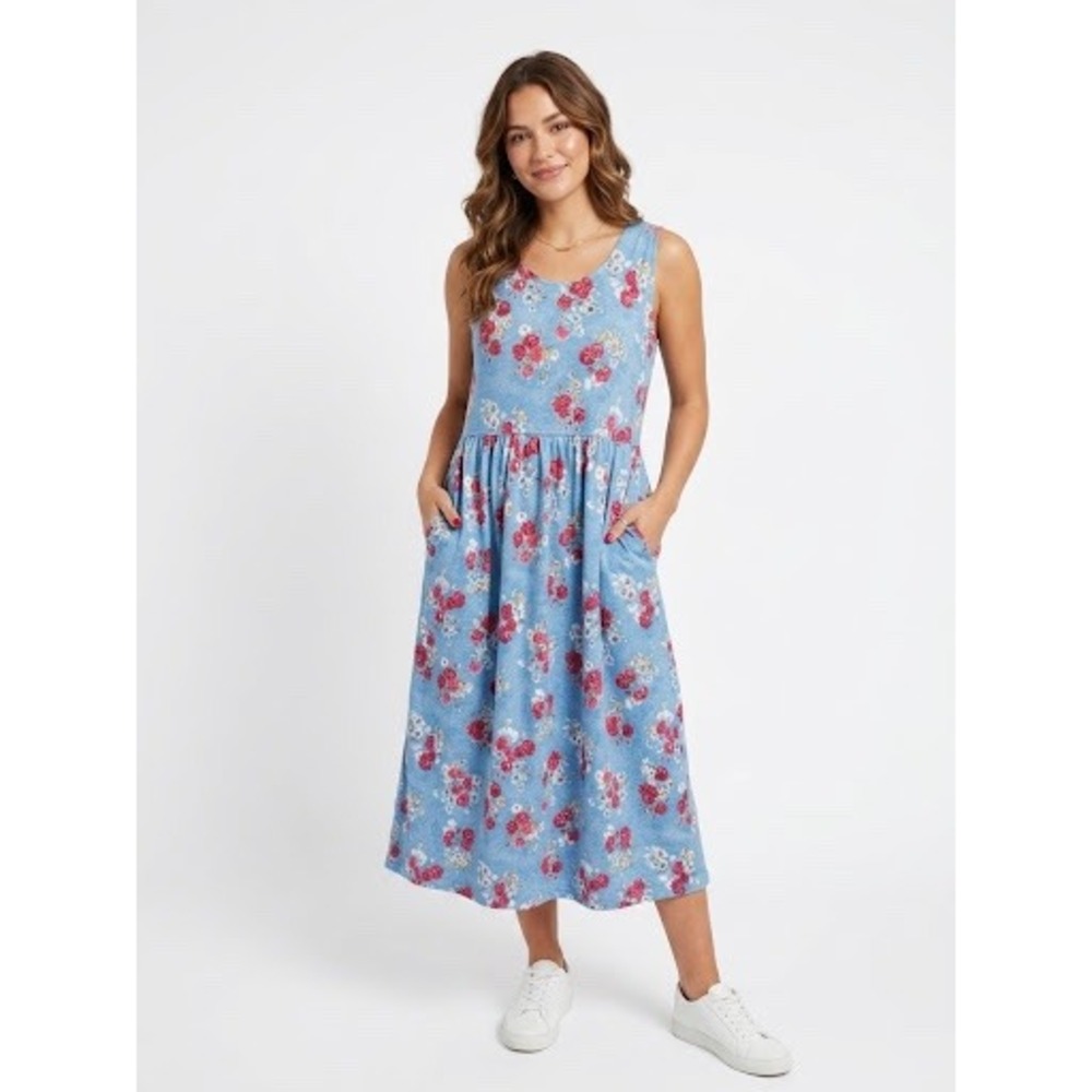 Vintage Erika Blue Floral Sleeveless Midi Dress Pockets Cotton Blend Size Medium